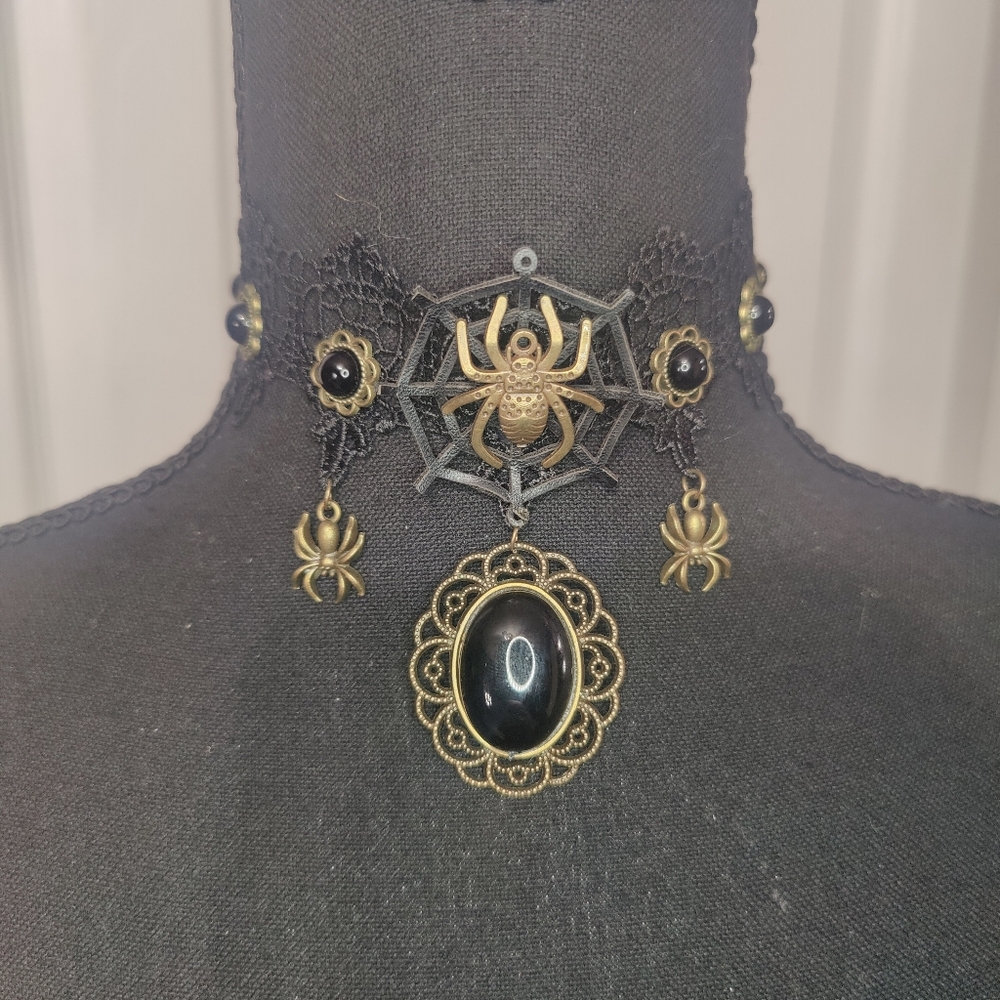 Black Lace Gothic Brass Tone Spider Choker Emo Punk Jewelry Necklace Halloween